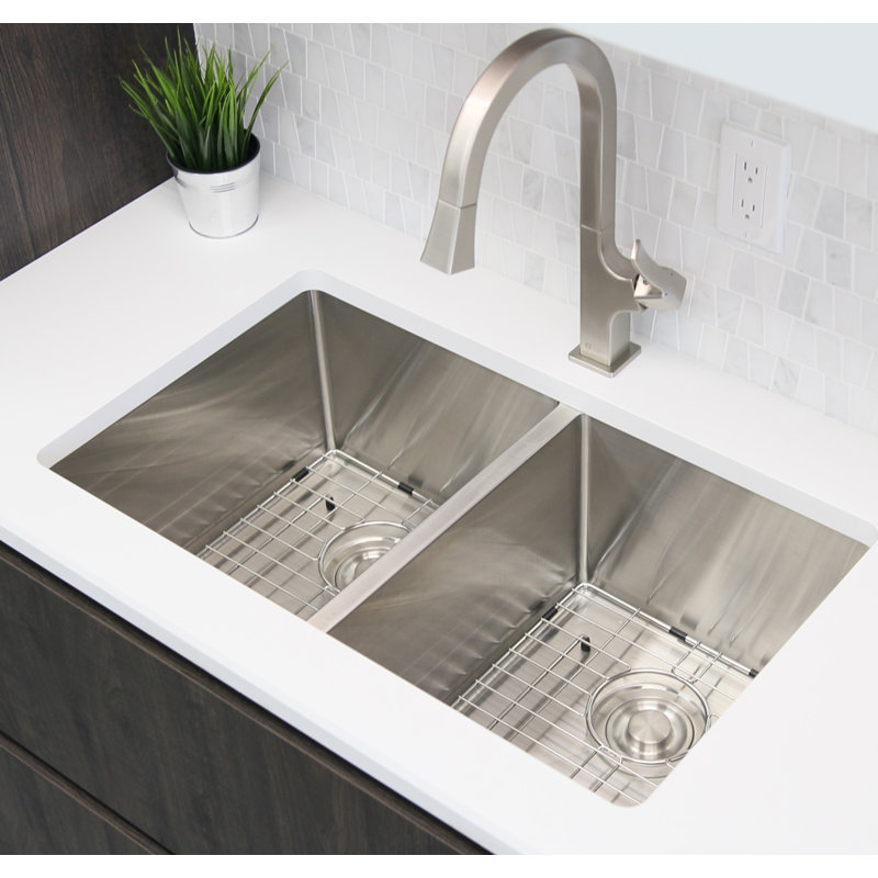 Stylish 30"L x 18"W Double Basin Undermount Kitchen Sink with Grids and